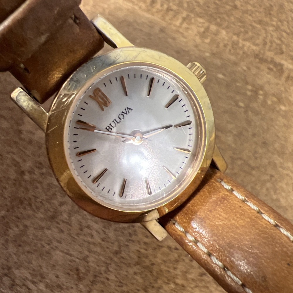 Bulova Women's Analog Brown Genuine Leather Gold Tone Quartz Watch Needs Battery - Picture 14 of 16